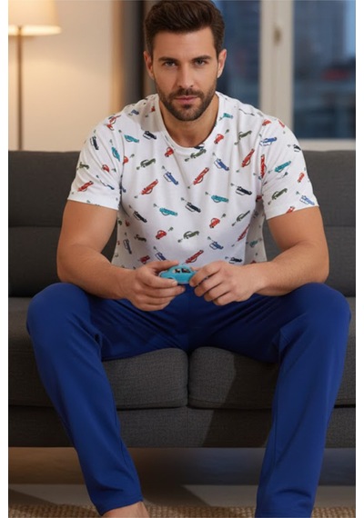 Siyah İnci Bisiklet Yaka Baskılı Örme Pijama Takım 25109843 Beyaz
