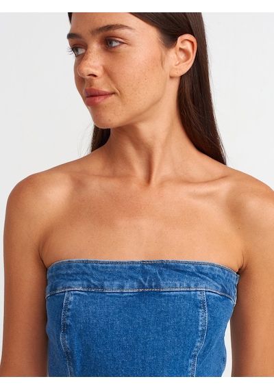 Dilvin Pileli Straplez Denim Elbise Mavi