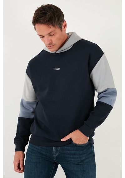 Buratti Pamuklu Relaxed Fit Kapüşonlu Içi Tüylü Yumuşak Şardonlu Erkek Sweat 5905299 Koyu Lacivert