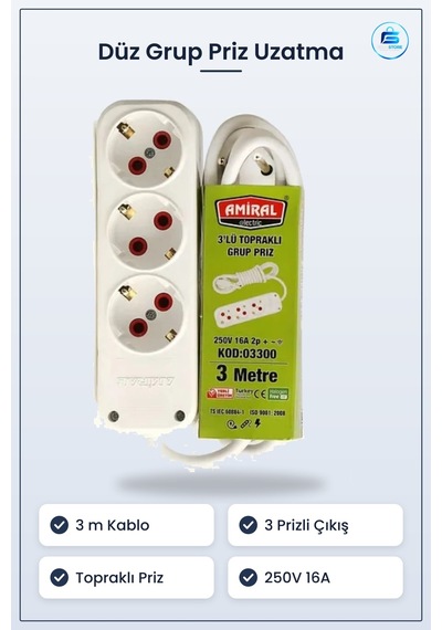 Düz 3 M Grup Priz Uzatma Kablosu 3'lü Topraklı Beyaz 250v 16a Ev 3 M