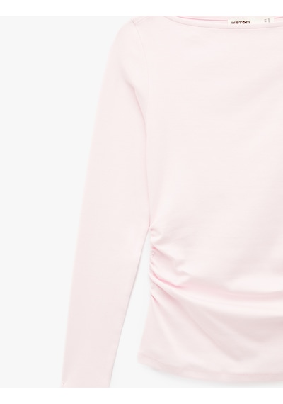 Koton Pamuklu Slim Fit Kayık Yaka Uzun Kollu Drapeli Tişört Pembe 6sak50318ek Gül
