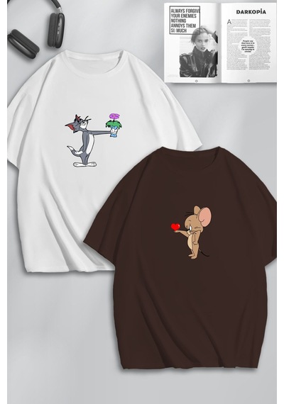 Unisex Kadın Erkek Çiçek Kalp Tom Ve Jerry Baskılı Sevgili Çift Kombini Tasarım Oversize Tshirt 2li Kahvebeyaz Mck0201 Çok Renkli