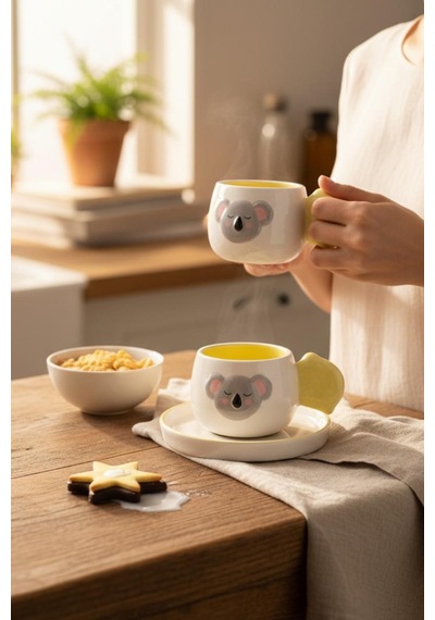 2 Kişilik Seramik Kahve Fincanı Kabartma Koala Figürlü Beyaz - Sarı