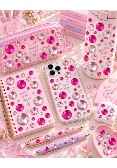 Pembe Taş Rhinestone Sticker Yapışkanlı Saç, Yüz, Tırnak, Vücut Ve Süs Taşı