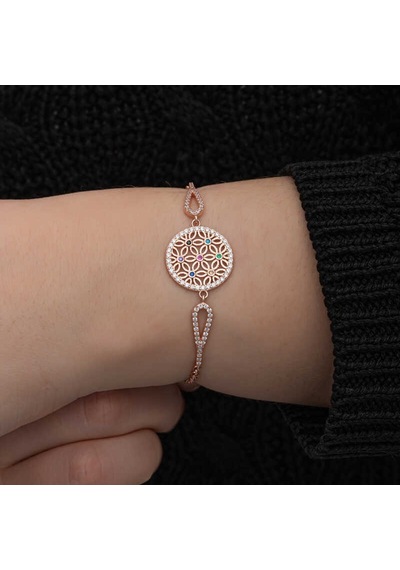 Gümüş Rose Renkli Yaşam Çiçeği Kadın Bileklik