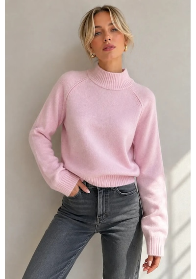 Park Karon Kadın Dik Yaka Reglan Kol Pamuklu Triko Kazak 8757sw Pembe