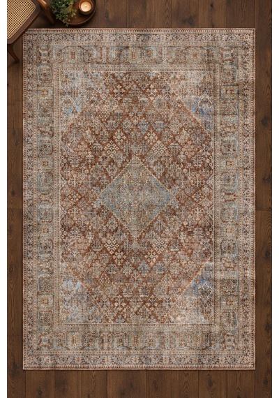 Artloop İstanbul Kahverengi Mavi Oryantal Vintage Desenli Dokuma Tabanlı Şönil Halı Al 637 Kahverengi - Mavi Okyanus