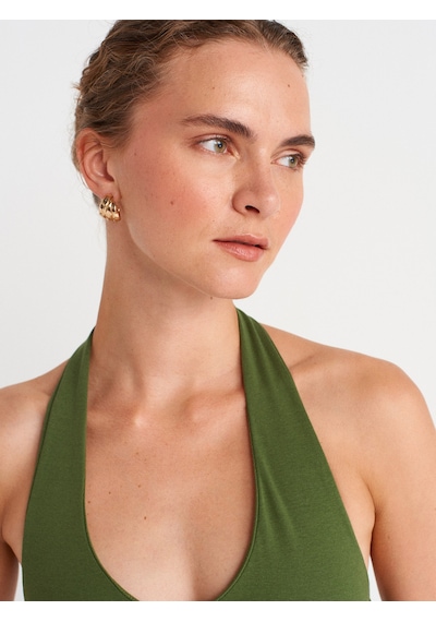 Dilvin 91476 Halter Yaka Midi Elbise-koyu Haki Koyu Haki