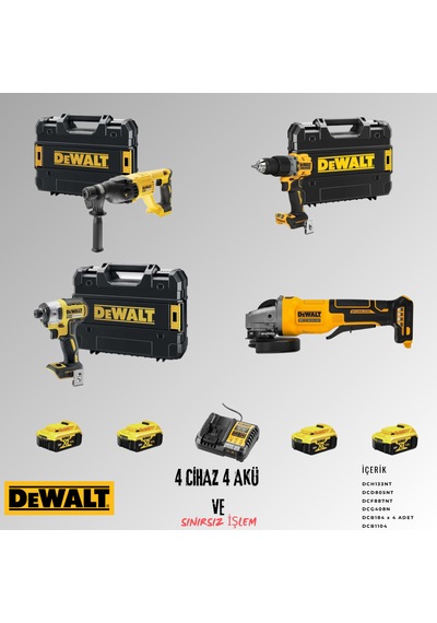 Dewalt DCH133NT + DCD805NT + DCF887NT + DCG408N 4 Adet 5 Amper Akü + Şarj Aleti Set