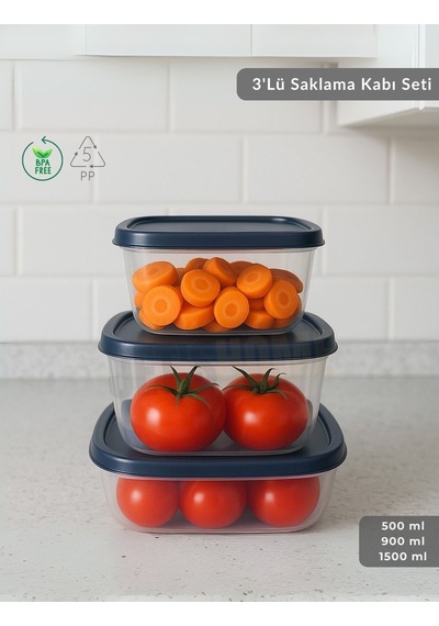 3'lü Saklama Kabı Seti Kare Erzak Kabı Bpa Free Derin Dondurucu İçin Uygun 500-900-1500 Ml Şeffaf