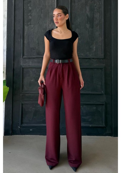 Madmext Bordo Çift Pileli Kemerli Pantolon Mg2330 Bordo