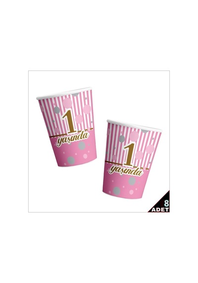 1 Yaşında Karton Bardak, 8 Adet - Pembe