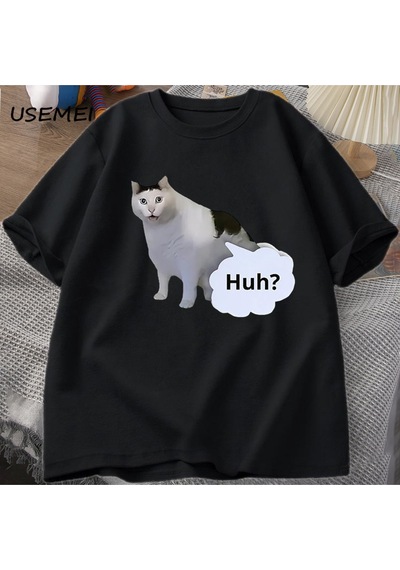 Flood Of Style Huh Kedi Komik Meme T Shirt Erkek Kadın Absurd Weirdcore T-shirt Rahat Yuvarlak Boyun Pamuk K Siyah