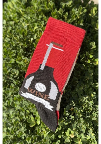 Lousocks Unisex Sağlı Sollu Şarap Desenli Kırmızı Soket Çorap