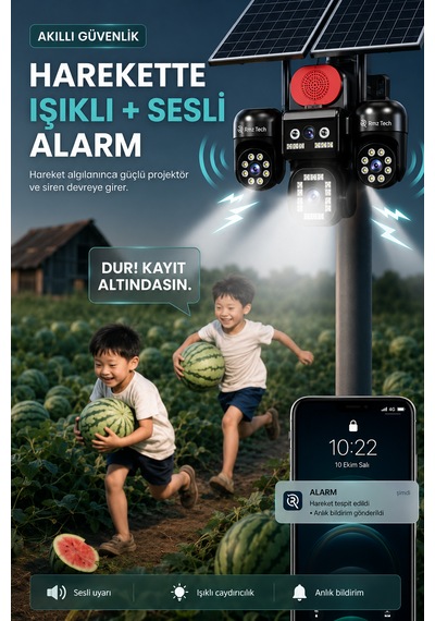 Avenir S446 4 Kameralı Telefondan 3 Dönebilir Güneş Enerjili Güvenlik - Aov 7/24 Sim Kart 1 Yıl Her Ay 8gb 128 Hafıza