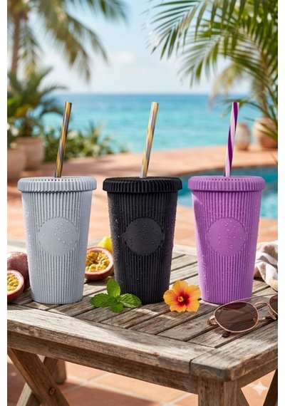 3 Adet Pipetli Kapaklı Opak Bardak 660 Ml, Smoothie Meşrubat İçecek Bardağı Mor-gri-siyah 3 Lü Set Renkli