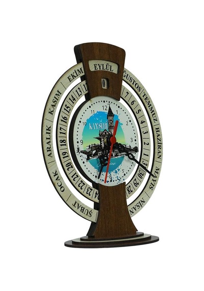 E38 El İşçiliği Kayseri Saat Kulesi Ahşap Takvimli Masa Saati 25x20 Cm- 6009