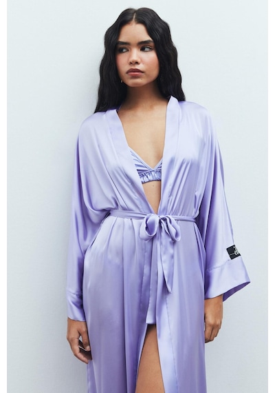 Frappant Lila Uzun Saten Sabahlık / Kimono Lila