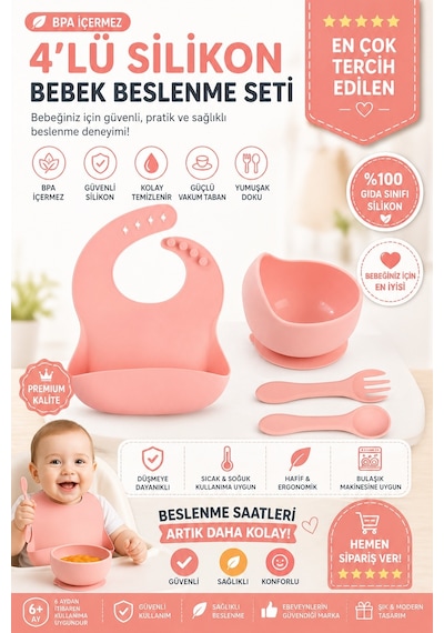 Çocuk Silikon Mama Önlüğü, Silikon Vakumlu Kase, Silikon Kaşık Ve Çatal / Pembe