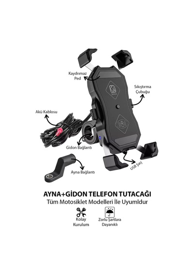 Motosiklet Uyumlu Kablosuz Şarjlı Telefon Tutacağı Abs Plastik + Metal Siyah Renk