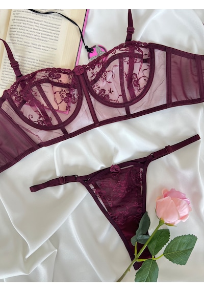 Arinda Candice Bordo Çiçek Desenli Brode İşlemeli Tek Renk Balenli Kapsız Askıları Çıkarılabilir Bralette Sütyen Tanga Alt Üst İç Çamaşırı Takımı 2 Parça Arinda Candice Bordo Çiçek Desenli Brode İşlemeli Tek Renk Balenli Kapsız Askıları Çıkarılabilir Bralette Sütyen Tanga Alt Üst İç Çamaşırı Takımı 2 Parça