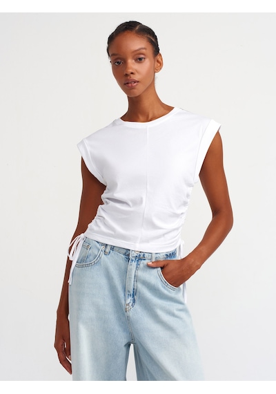 Dilvin Yanları Büzgü Detaylı Taşlı T-shirt Beyaz