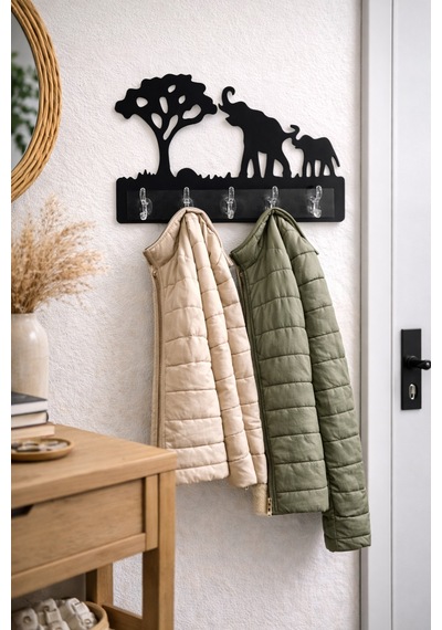 Fil Temalı Dekoratif Duvar Askılığı 6 Kancalı Mdf Anahtarlık Ve Askı 39 X 27,5 Cm Siyah Siyah
