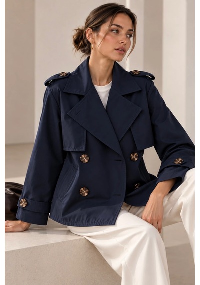 Bb Butik Basic Kısa Kruvaze Trençkot Düğme Detaylı Modern Kesim Qn3434 Lacivert
