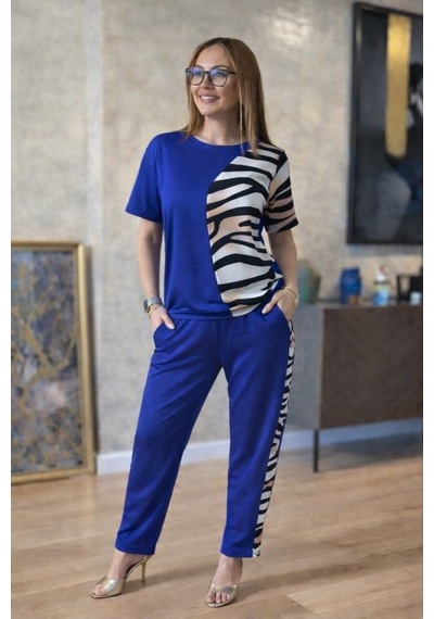 Dogutrend Kadın Kısa Kollu Bisiklet Yaka Zebra Desen Bluz Ve Pantolon Ikili Takım Saks Mavi