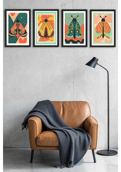 Kelebek Temalı Modern 4'lü Mdf Tablo Seti, Salon Oturma Odası Duvar Dekoru