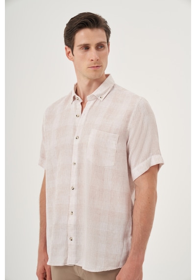 Morven Erkek Bej Keten Trend Regular Fit Düğmeli Yaka Kısa Kol Gömlek 25ys004023653 Bej Bej