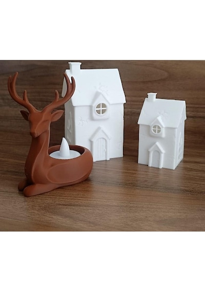 Kış Evleri Geyik Mumluk Noel Yılbaşı Süsü Dekoratif Biblo Tealight Mumluk Seti Mumlar Dahildir