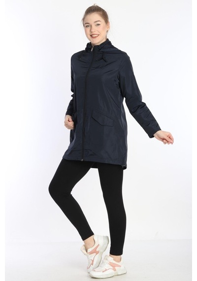 Escetic Lacivert Kadın Çıkarılabilir Kapüşonlu File Astarlı Su İtici Rüzgarlık İnce Ceket 7085-4536-lacivert Lacivert