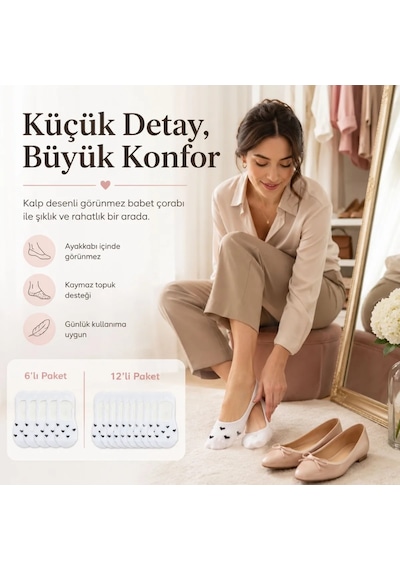 DS Wak Kadın Kalp Desenli Görünmez Babet Çorap 12'li Pamuklu Kaymaz Topuk, Siyah Beyaz Karışık