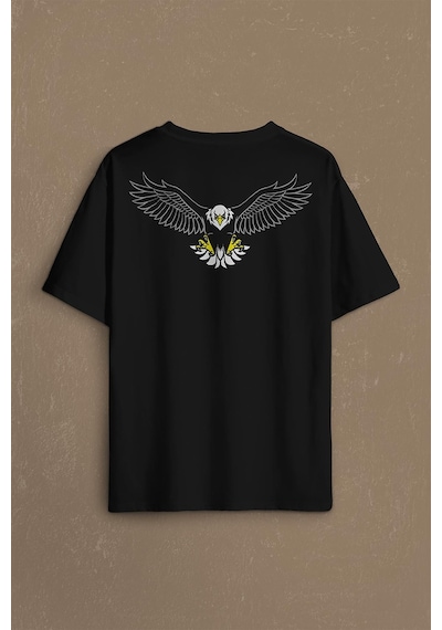 Kara Kartal Şampiyon Eagle Sırt Ön Baskılı Oversize Tişört Unisex T-shirt 001 Siyah