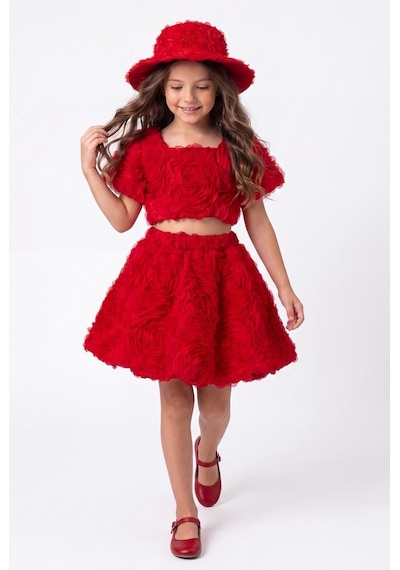 Mnk Baby & Kids Rosemu Kız Çocuk Şapkalı Takım M00819 Kırmızı