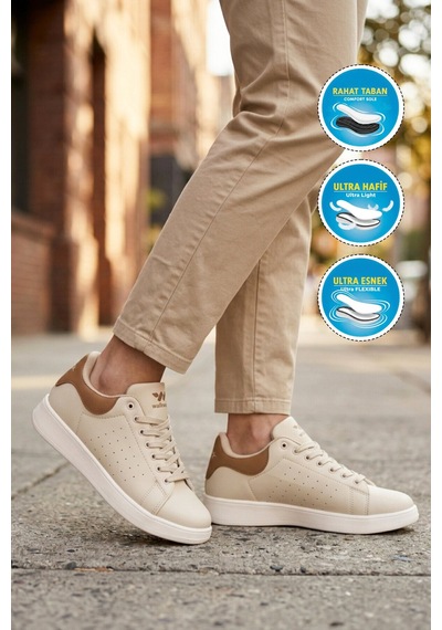 Walkway Bej Bağcıklı Hafif Unisex Cilt Spor Ayakkabı Costa G