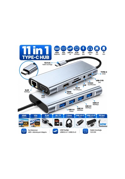 11 İn 1 Arada Usb-c Hub Type-c Çoklayıcı Adaptör, 4k Hdmı, Vga, Rj45 Ethernet, Pd Şarj, Usb 3.0 + 3 Usb 2.0, Sd/tf Kart Okuyucu, 3.5 Mm Ses Çıkışı, Tüm Type-c Cihazlarla Uyumlu