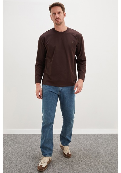 Fullamoda Baskılı Bisiklet Yaka Sweatshirt Kahve