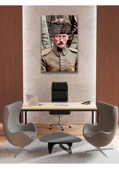Mustafa Kemal Atatürk Üniformalı Dikey Cam Tablo Evlika, Modern Ev Ofis Salon Duvar Dekoru, Hediyelik Tablo
