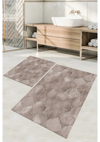 Buççin Online Mağaza Dijital Baskılı Yıkanabilir Kaymaz Taban Kupa Desenli Banyo Paspası Klozet Takımı Polyester Kahveren Çok Renkli