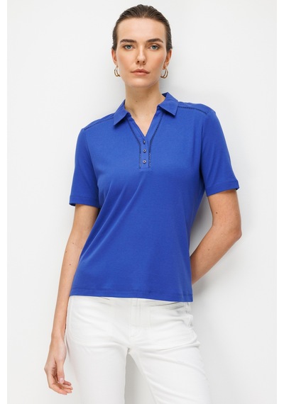 Kadın Polo Yaka İğne İşlemeli Pamuklu Penye T-shirt Sax Sax