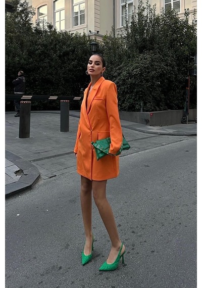 WeShaya Kadın Oranj Kruvaze Dokuma Kısa Elbise Oranj