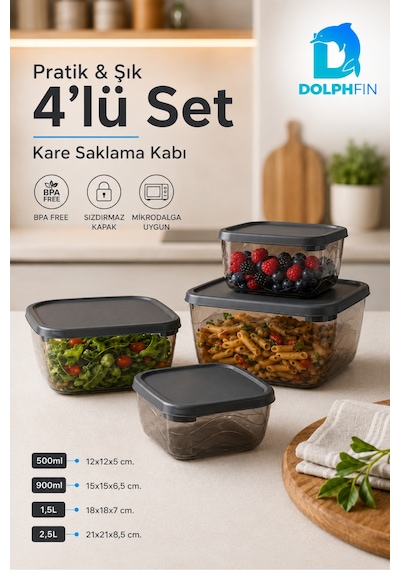 4 Lü Kare Saklama Kabı Seti Kapaklı 500 Ml 900 Ml 1,5 L 2,5 L Bpa İçermez Siyah