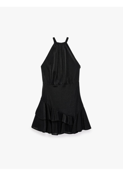 Koton Slim Fit Volanlı Kolsuz Halter Yaka Kadife Simli Mini Abiye Elbise Siyah 7wak80001fk