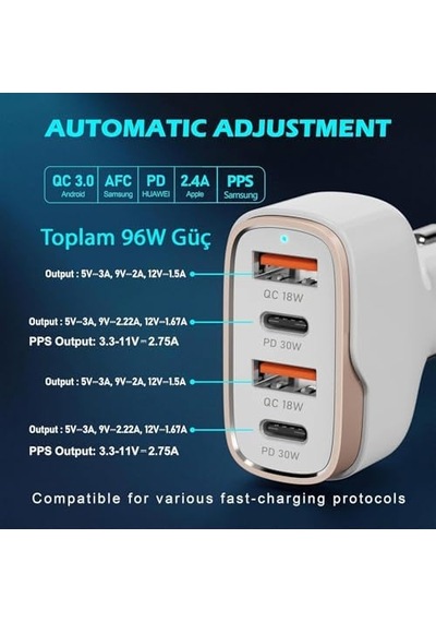 Mt36 4 Portlu Type-c Usb Araç Hızlı Şarj Çakmaklık Adaptörü Toplamda 96w Şarj Gücü Qc 3.0 18w Pd 30w Turbo Şarj Desteklemez Beyaz