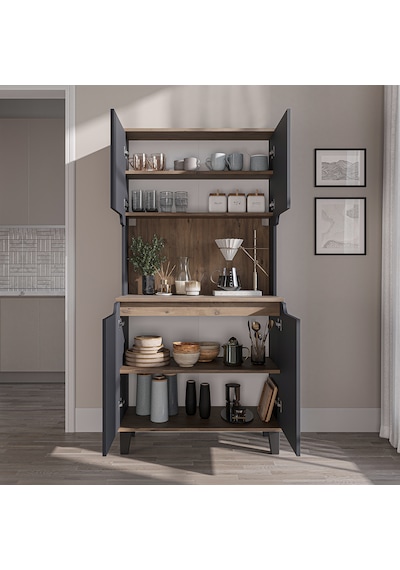 Defne Kahve Köşesi, Çok Amaçlı Dolap, 4 Kapaklı Kiler Dolabı, Mutfak Dolabı 90 Cm Atlantik Çam - Antrasit Defne Kahve Köşesi, Çok Amaçlı Dolap, 4 Kapaklı Kiler Dolabı, Mutfak Dolabı 90 Cm Atlantik Çam - Antrasit