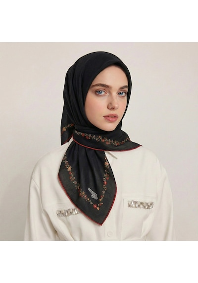 Bonjela Soft Eşarp Minimal Çiçek Desen Siyah Siyah