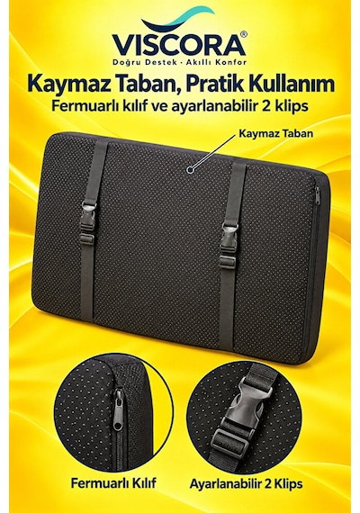 Visco Bel Destek Ve Oturma Minderi Ev, Ofis Ve Araç İçin Tek Parça, Kaymaz Tabanlı Ve Klipsli Siyah