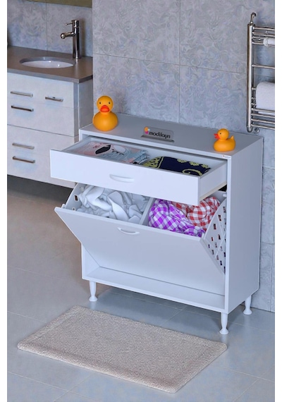 Eliusta Asil 85 Cm Kirli Çamaşır Sepetli Banyo Dolabı 1 Çekmeceli Mutfak Çok Amaçlı Dolap 85x88x32,5 Cm Beyaz
